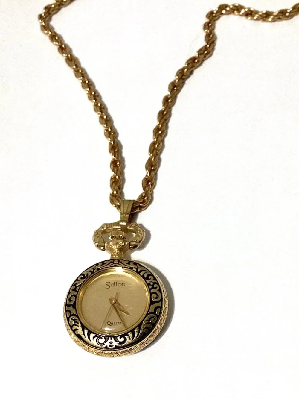 Vintage Pocket Watch, Unique Long Chain Gold Tone, WORKS! Victorian Retro